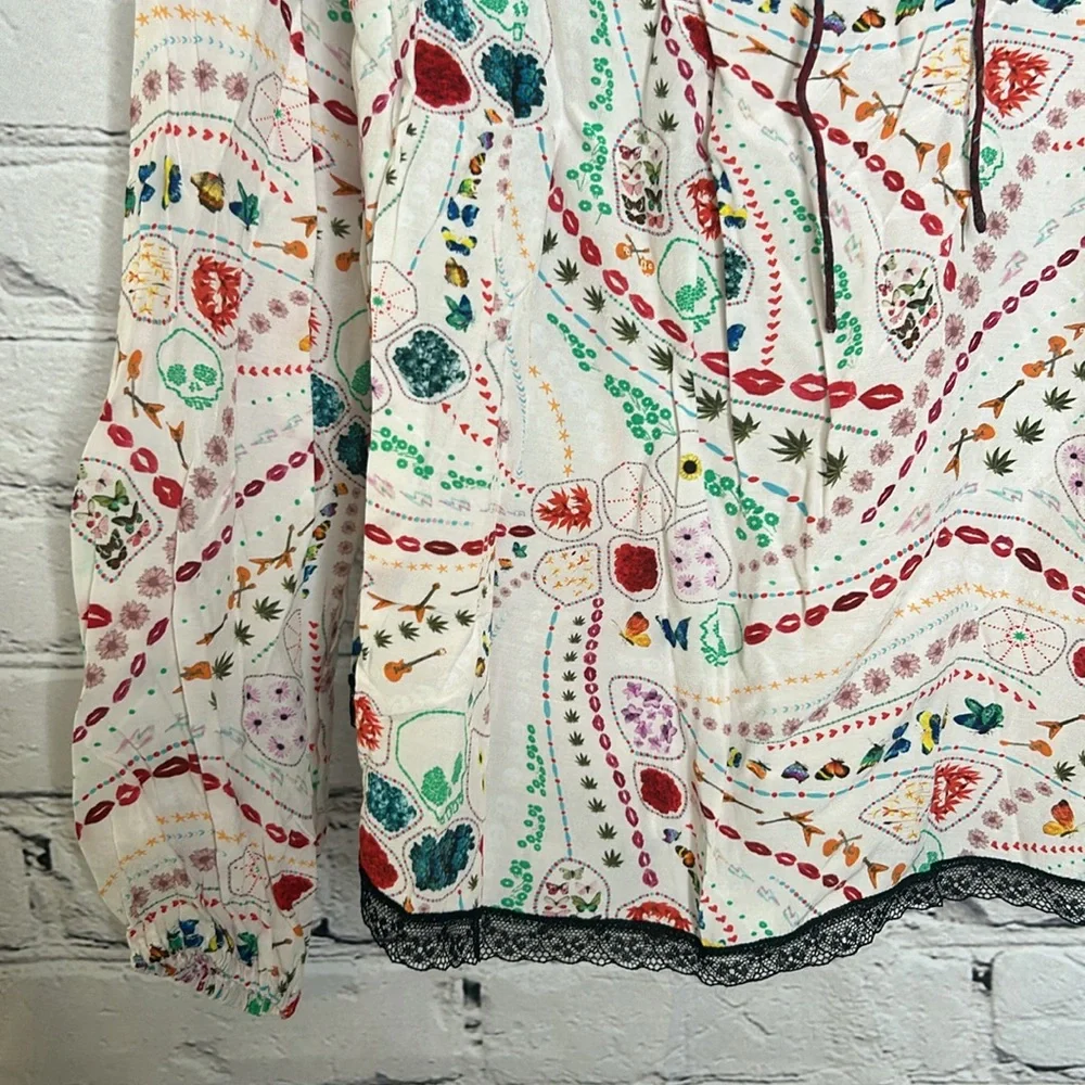 Zadig & Voltaire Paris Cream Paisley Black Lace Long Sleeve Blouse Size X-Small